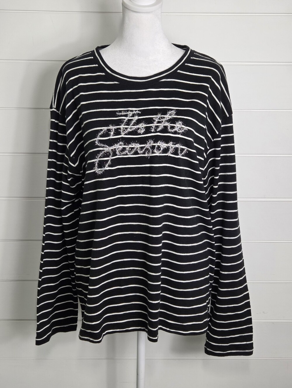Talbots Holliday "It's The Season" Black and White Striped Long-Sleeve Tee XL